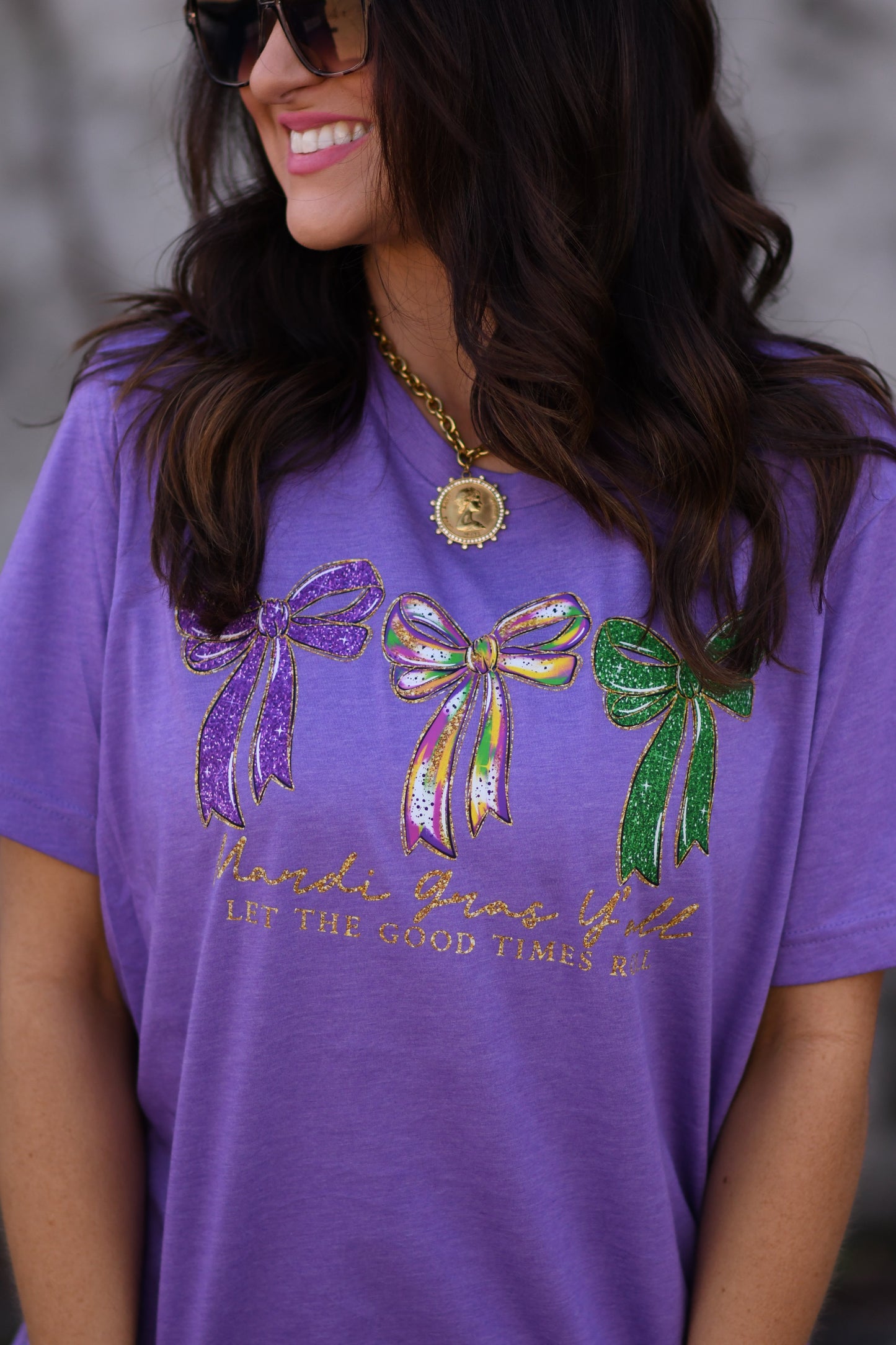 Mardi Gras Y'all Let The Good Times Roll Glitter Bows Tee