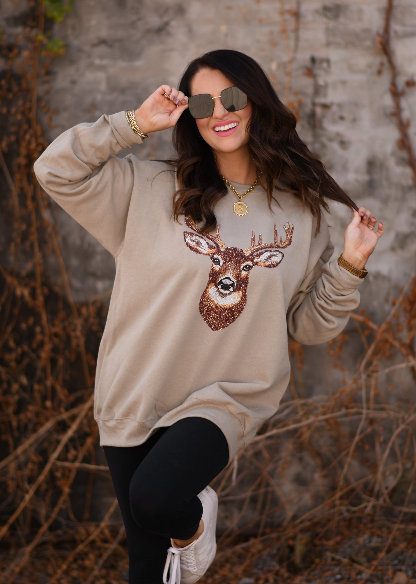 Faux Rhinestone Deer Sweatshirt
