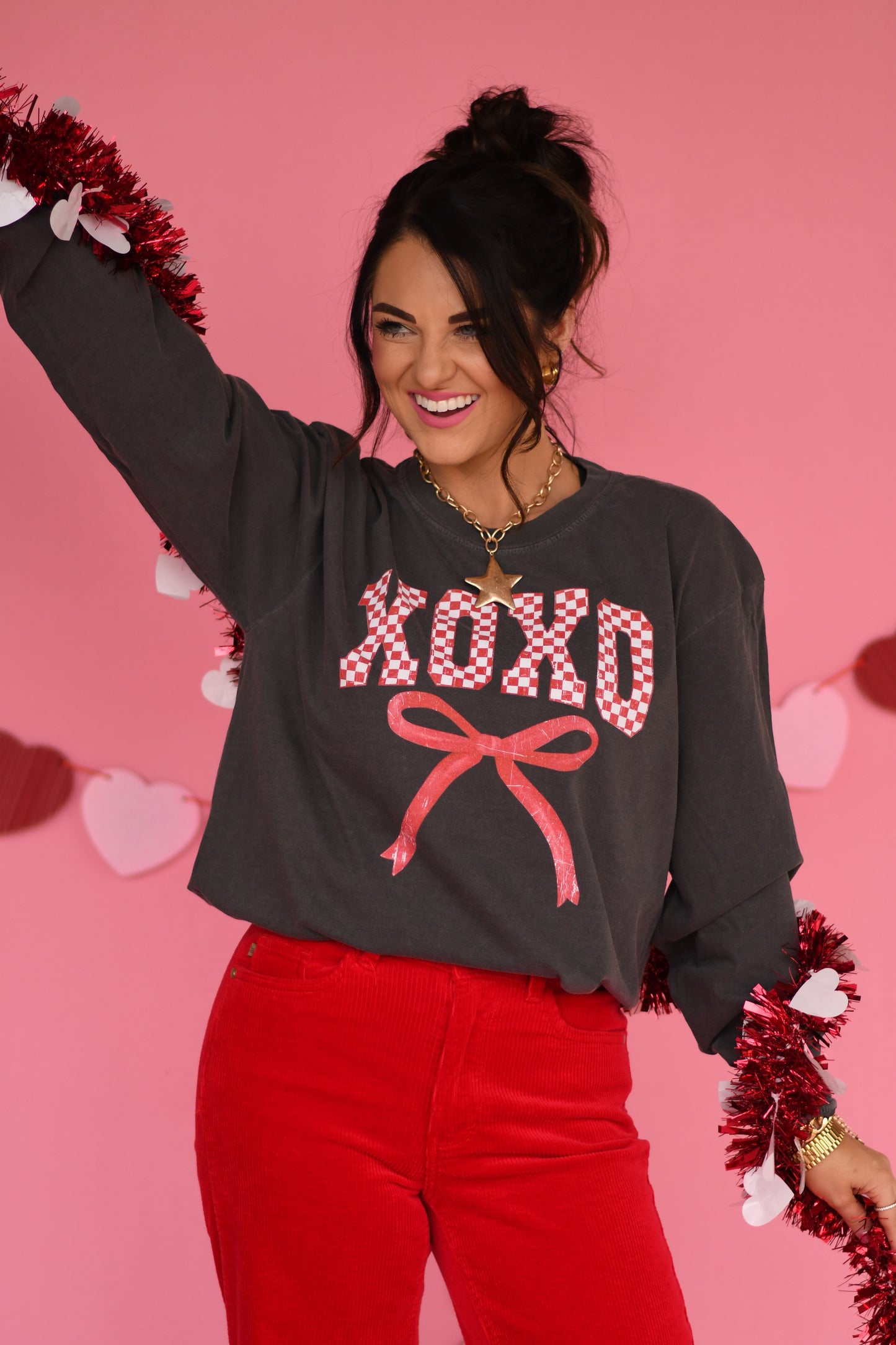 XOXO Checkered Bow Long Sleeve/Tee
