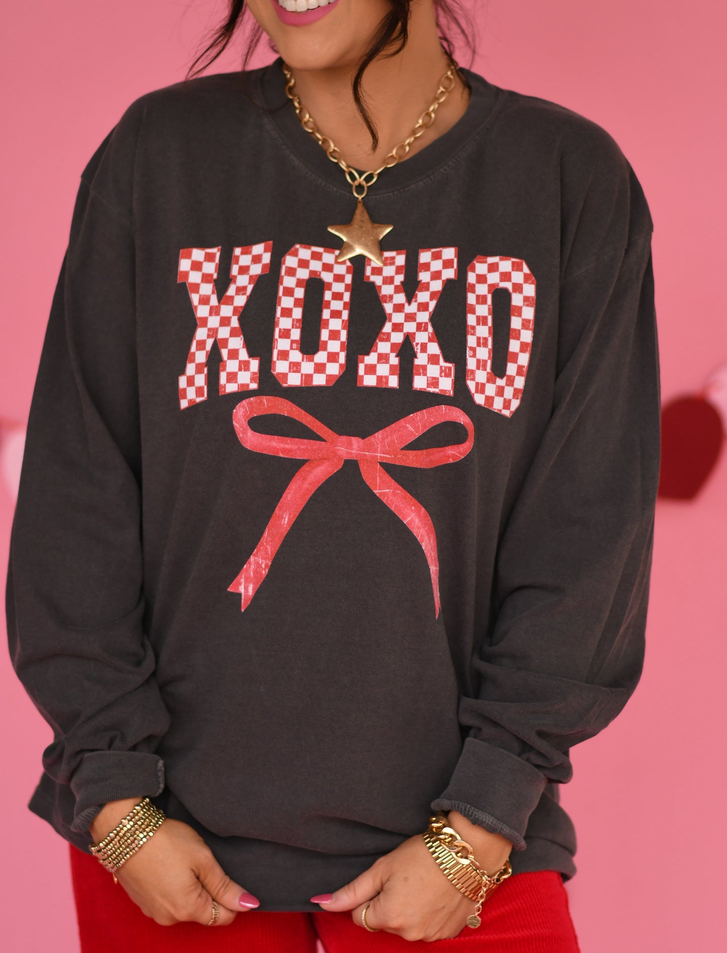 XOXO Checkered Bow Long Sleeve/Tee