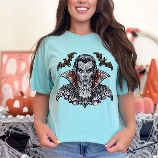 Faux rhinestone Vampire with bats  Comfort Colors Tee