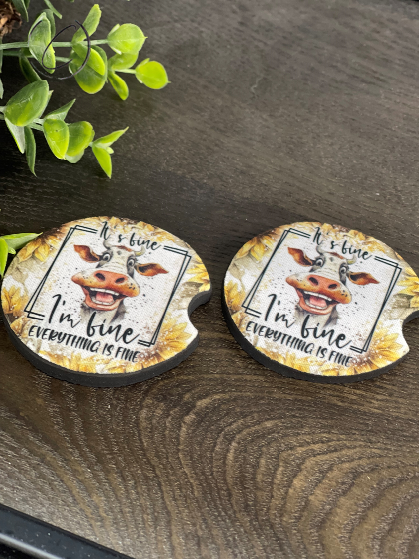 Everything Is Fine Cow Car Coaster Set