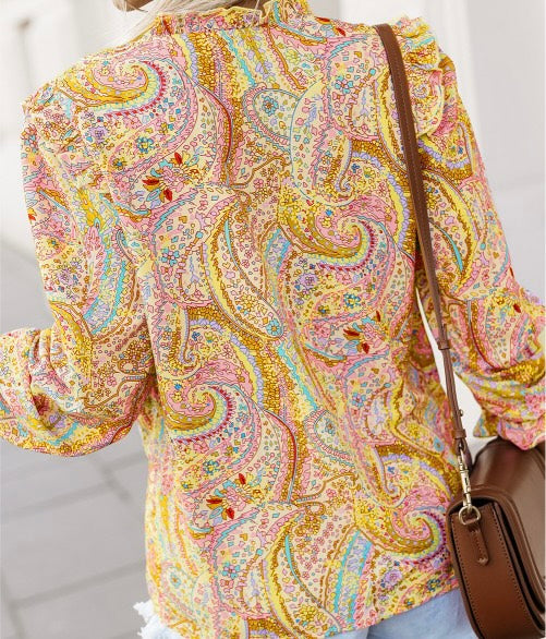 Paisley Print Ruffled Trim Boho Shirt