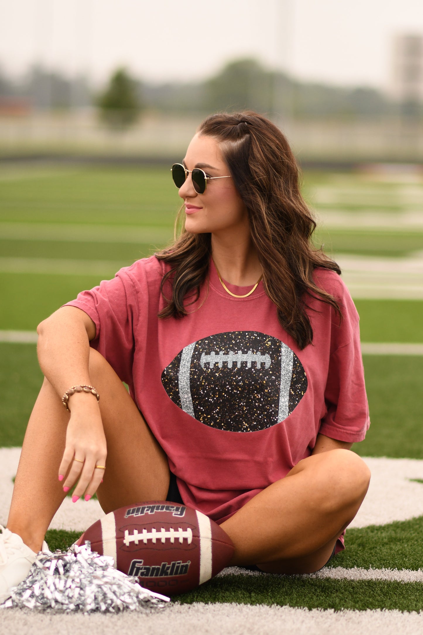 Crimson Faux Glitter Football Tee