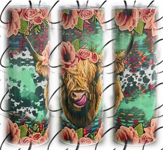 Floral Highland Cow 20oz Skinny Tumbler