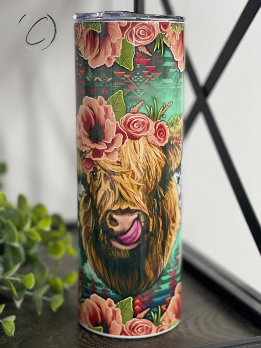 Floral Highland Cow 20oz Skinny Tumbler