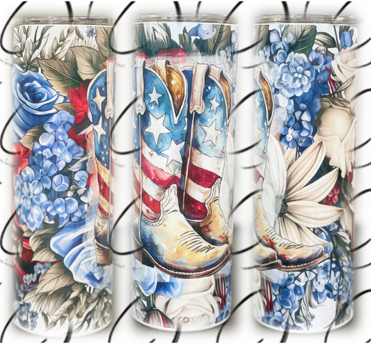 Floral Patriotic Cowboy Boots 20oz Skinny Tumbler