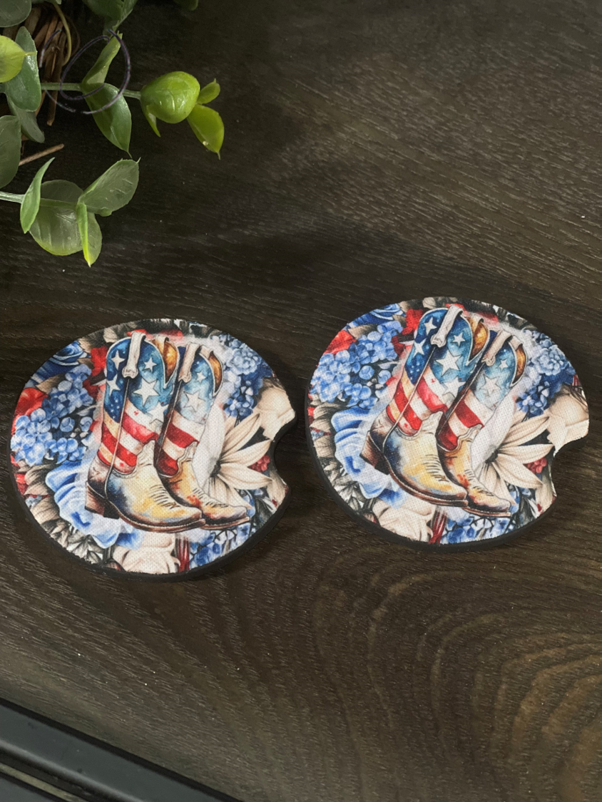 Floral Patriotic Cowboy Boots Car Coaster Set