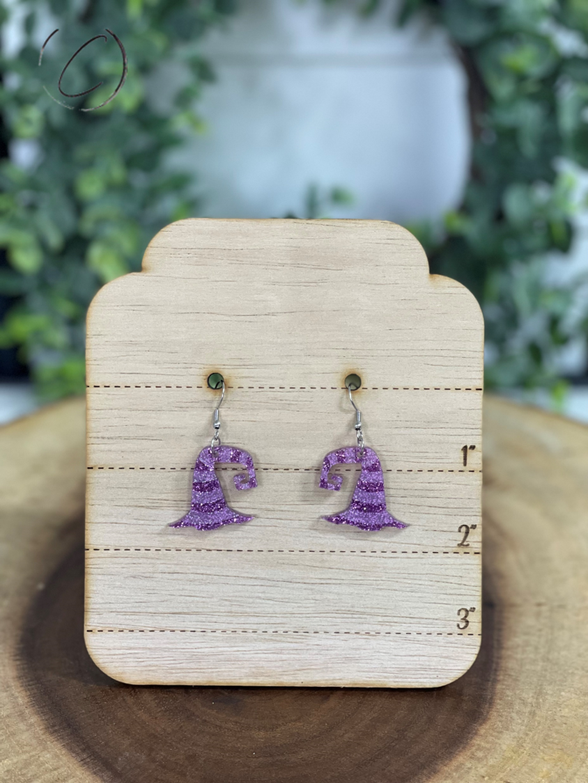 Witches Hat Purple Glitter Dangle Earrings