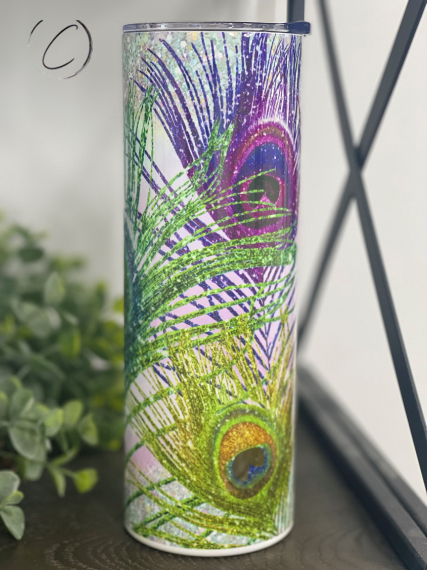 Glitter Peacock Feathers 20oz Skinny Tumbler