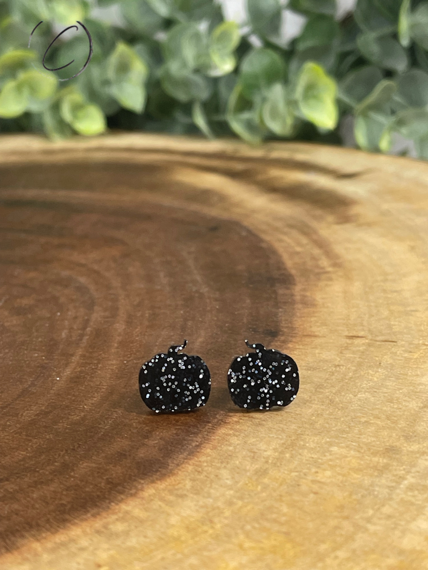 Pumpkin Black Glitter Stud Earrings