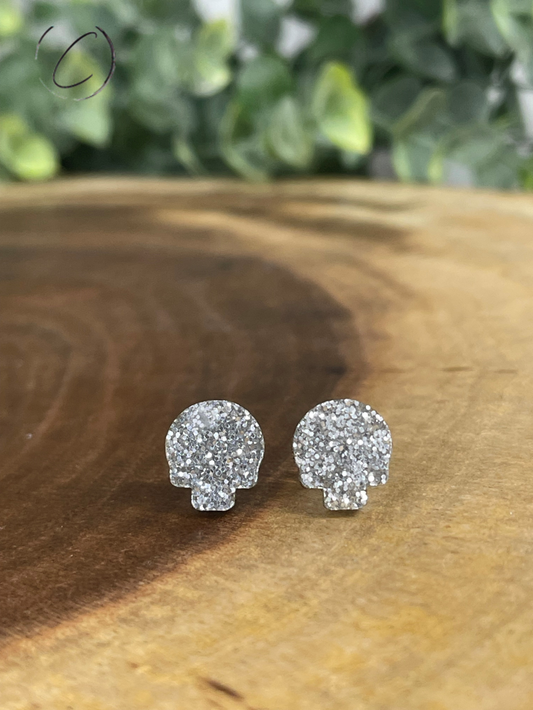 Skull Silver Glitter Stud Earrings