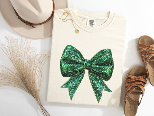 Green Glitter Coquette Bow Graphic Tee