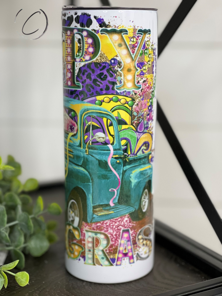 Happy Mardi Gras Truck 20oz Skinny Tumbler