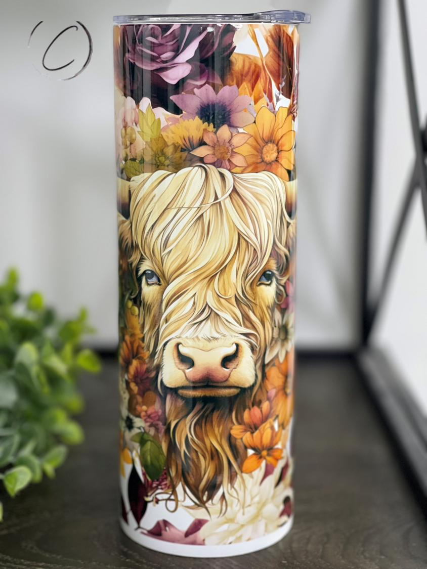 Harvest Floral Highland Cow 20oz Skinny Tumbler