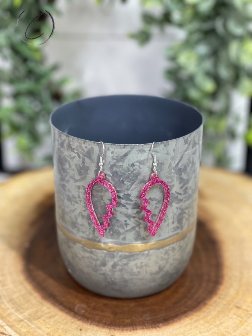 Heart Breaker Pink Glitter Dangle Earrings