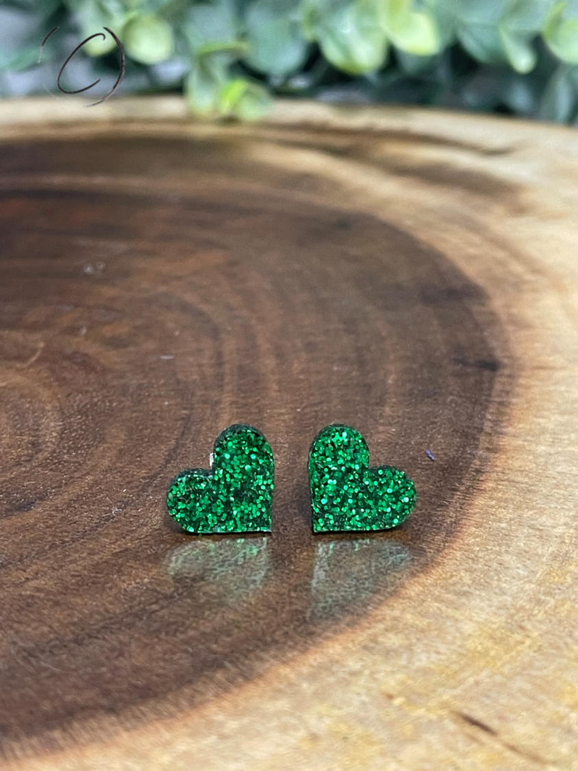 Heart Green Glitter Stud Earrings