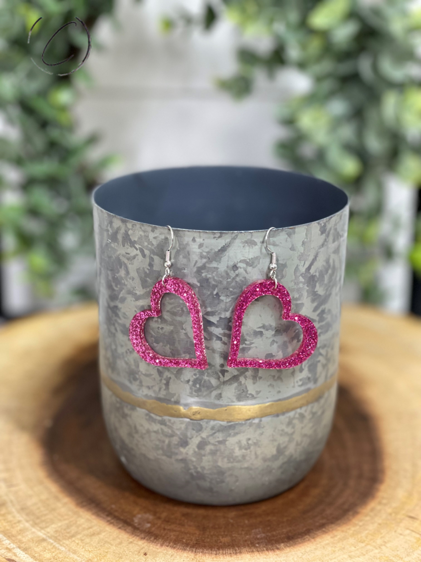 Heart Outline Pink Glitter Dangle Earrings