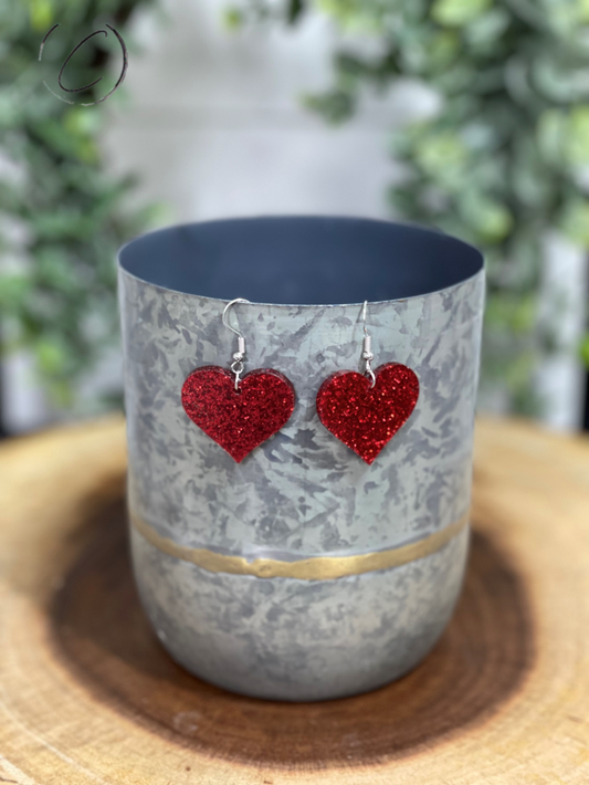 Heart Red Glitter Dangle Earrings