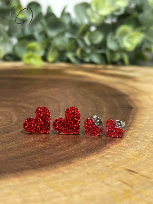 Heart Red Glitter Stud Earrings