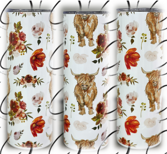 Highland Bull Floral 20oz Skinny Tumbler