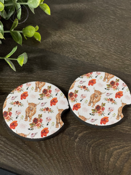 Highland Bull Floral Neoprene Car Coaster Set