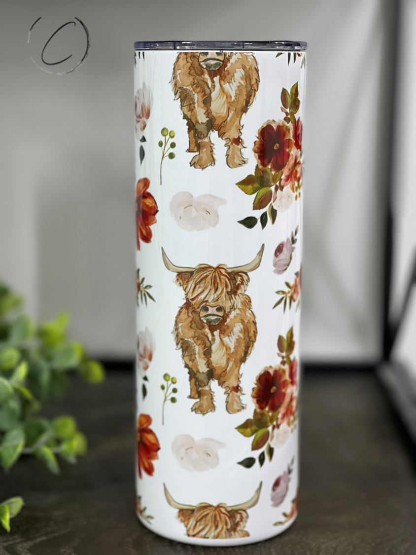 Highland Bull Floral 20oz Skinny Tumbler