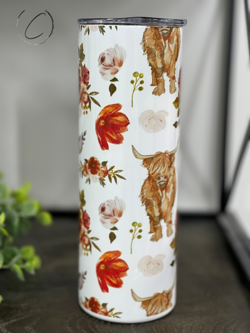 Highland Bull Floral 20oz Skinny Tumbler