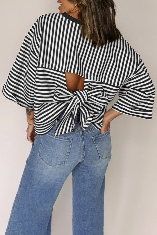 Stripe Bowknot Cutout Back Drop Shoulder Wide Bracelet Sleeve Loose Tee