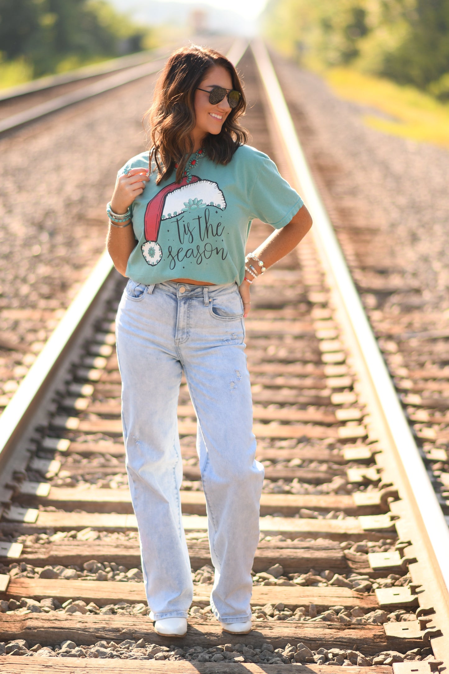 Tis The Season Turquoise Santa Hat Tee