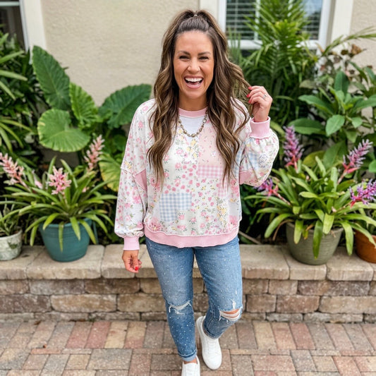 Pink Twisted Ribbed Trim Floral Print Patchwork Long Sleeve Top