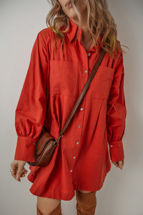 Red Bishop Sleeve Button Up Pleated Mini Shirt Dress