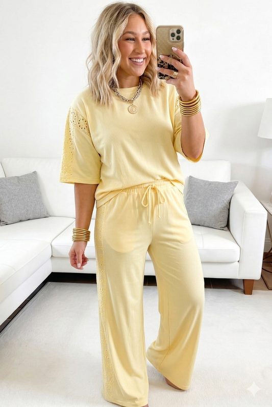 Lace Patchwork Half Sleeve Top Elastic Waist Pants Two Piece Set