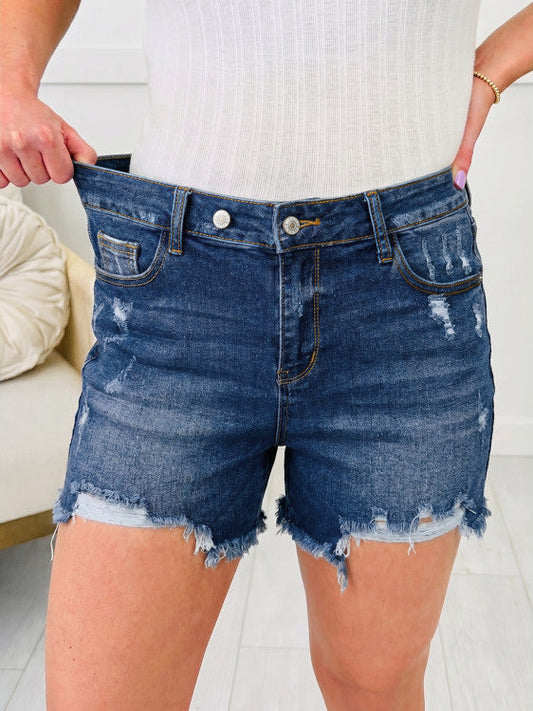 Asymmetric Raw Hem Distressed Whiskery Denim Shorts