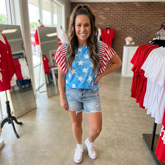 Vintage Star Print Striped Ruffle Sleeve Independence Day Top