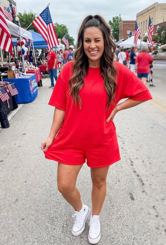 Red Solid Color Raw Edge Half Sleeve Pocketed Loose Romper