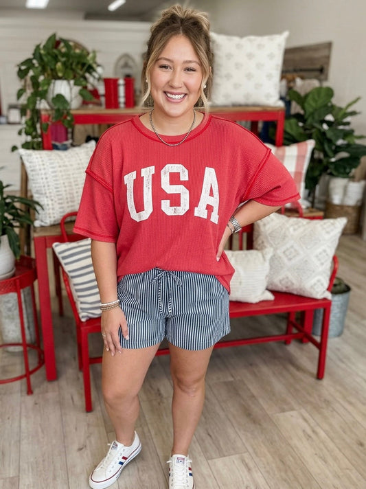 USA Graphic Half Sleeve Loose Ribbed Top