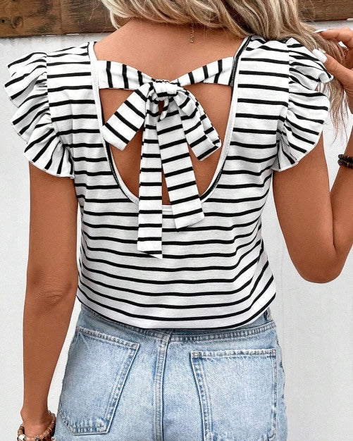 Stripe Butterfly Sleeve V Neck Hollowed Knot Back T Shirt