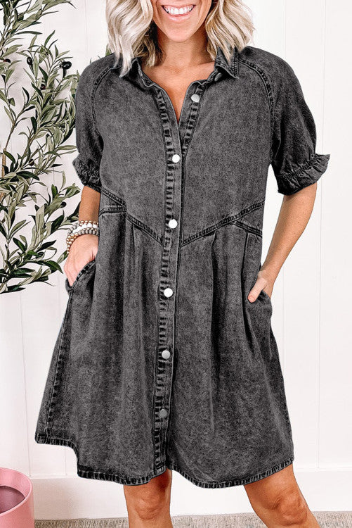 Mineral Wash Ruffled Short Sleeve Buttoned Denim Dress