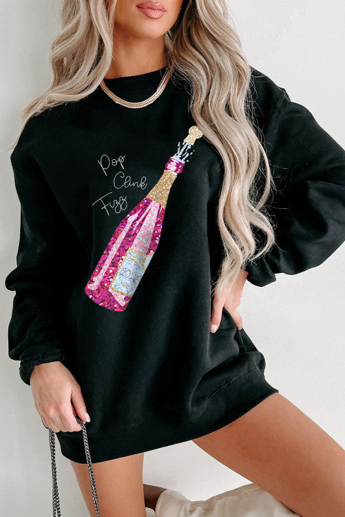 New Year Champagne Print Pullover Sweatshirt