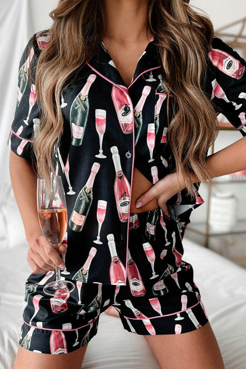 Champagne Print Silky Short Sleeve Pajamas Set