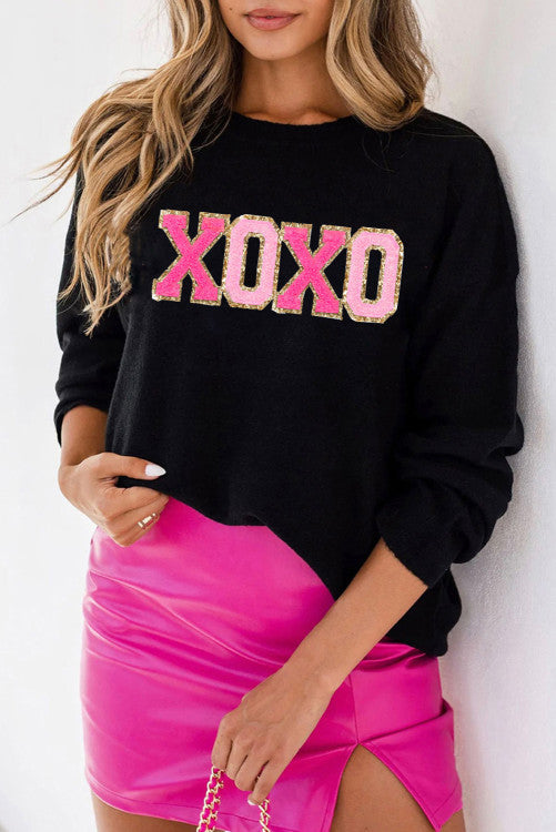 XOXO Glitter Print Round Neck Casual Sweater