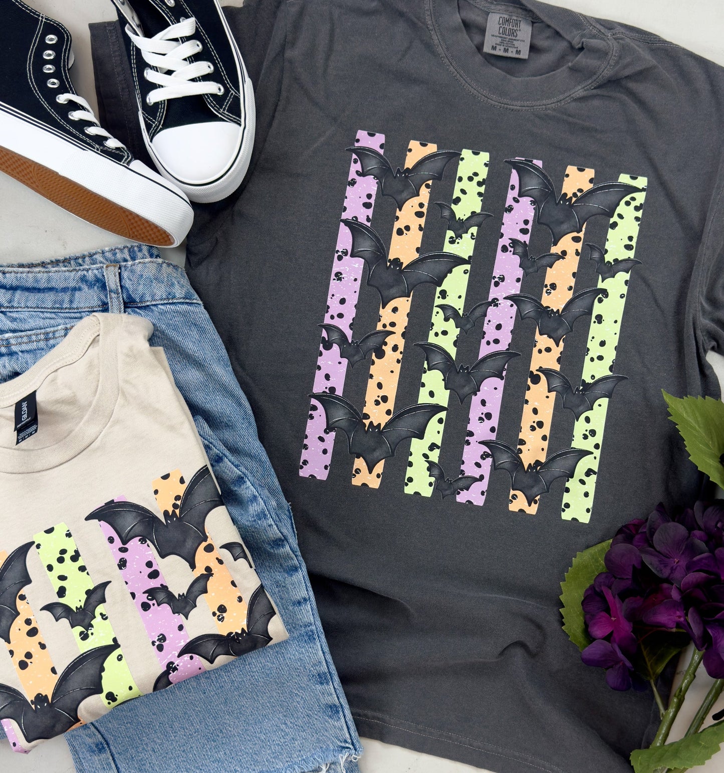 Halloween Striped Bats Tee & Sweatshirt