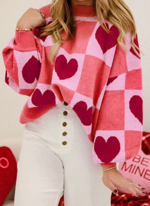 Plus Size Love Heart Block Mock Neck Lantern Sleeve Valentine Sweater