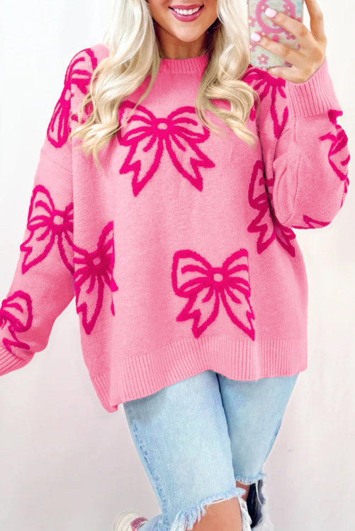 Bow Pattern Drop Shoulder Loose Sweater