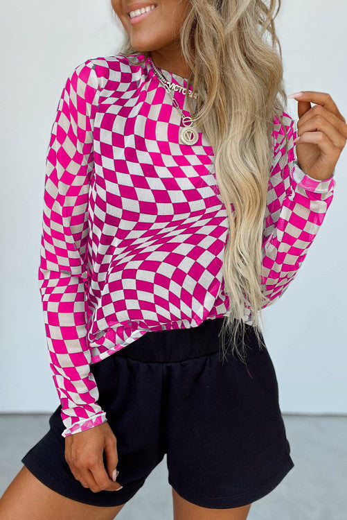 Checkered Pattern Mesh Mock Neck Long Sleeve Top