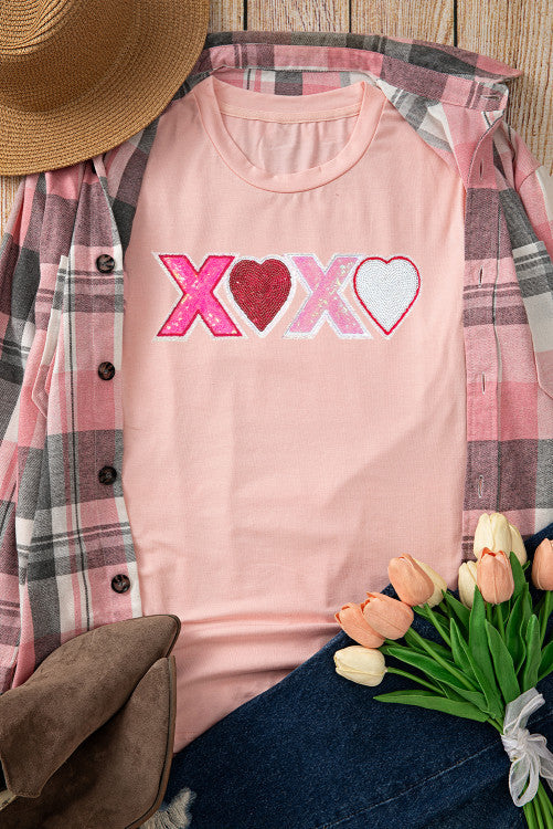 Sequin Heart XOXO Patched Graphic Valentines T Shirt