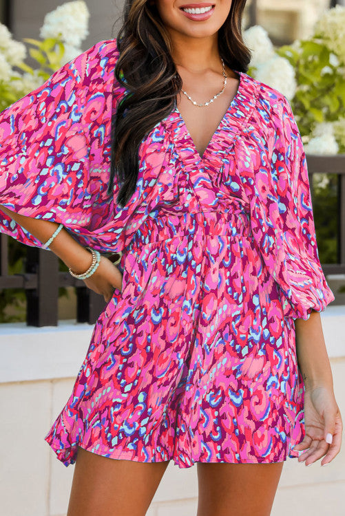 Abstract Print Puff Sleeve V Neck High Waist Romper