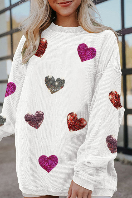 Valentines Heart Patched Pattern Corded Pullover Sweatshirt