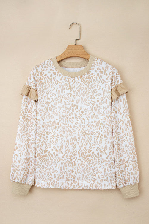 Leopard Ruffle Detail Ribbed Trim Round Neck Sweatshirt